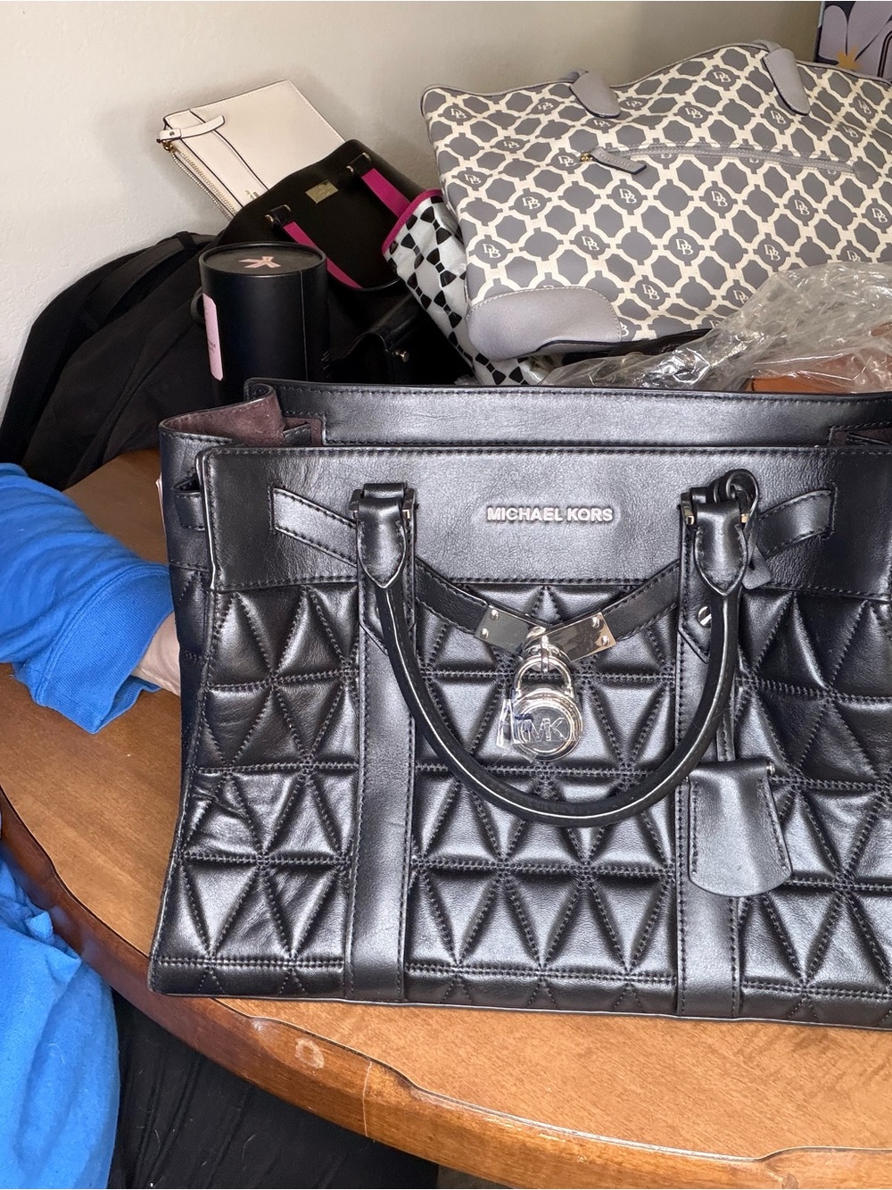 Michael Kors Black Quilted Leather Tote with MK Charm